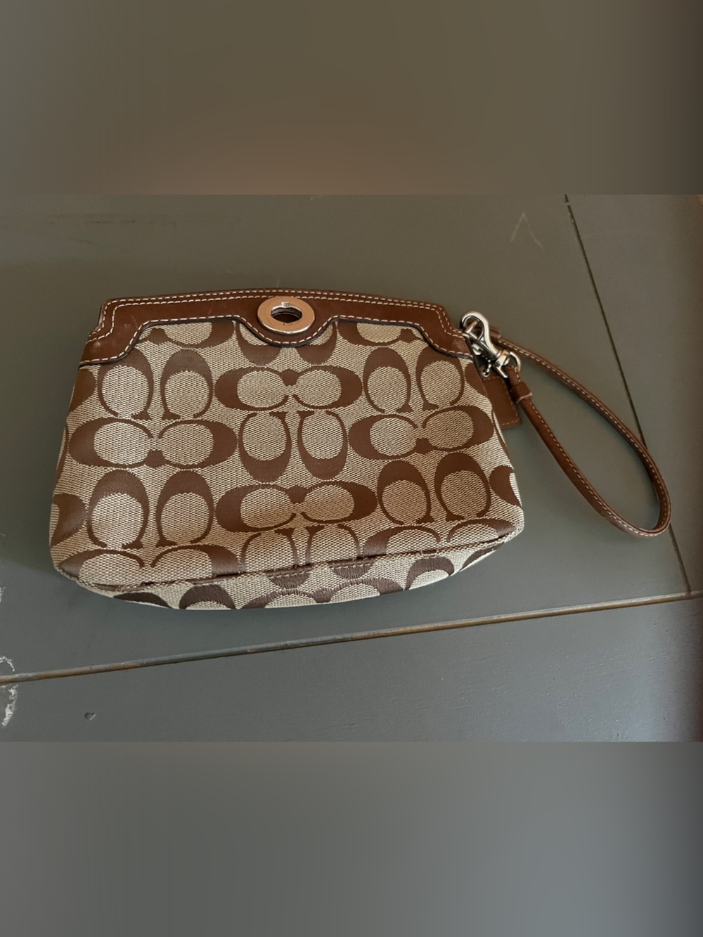 Coach Brown Signature Canvas Wristlet with Leather Trim